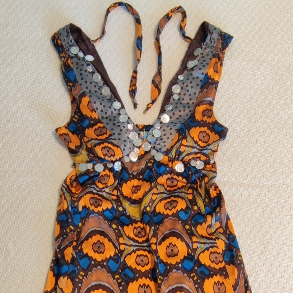 Plenty Tracy 100% Silk Geometric Coin Embellished Dress Size 4 Orange Gray Boho - Picture 1 of 6